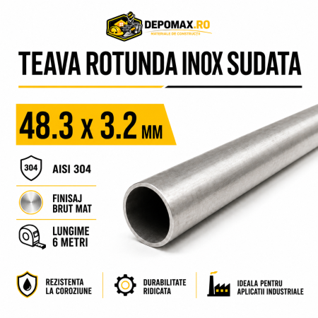 Teava rotunda inox sudata AISI 304, 48.3 x 3.2 mm, 6 metri